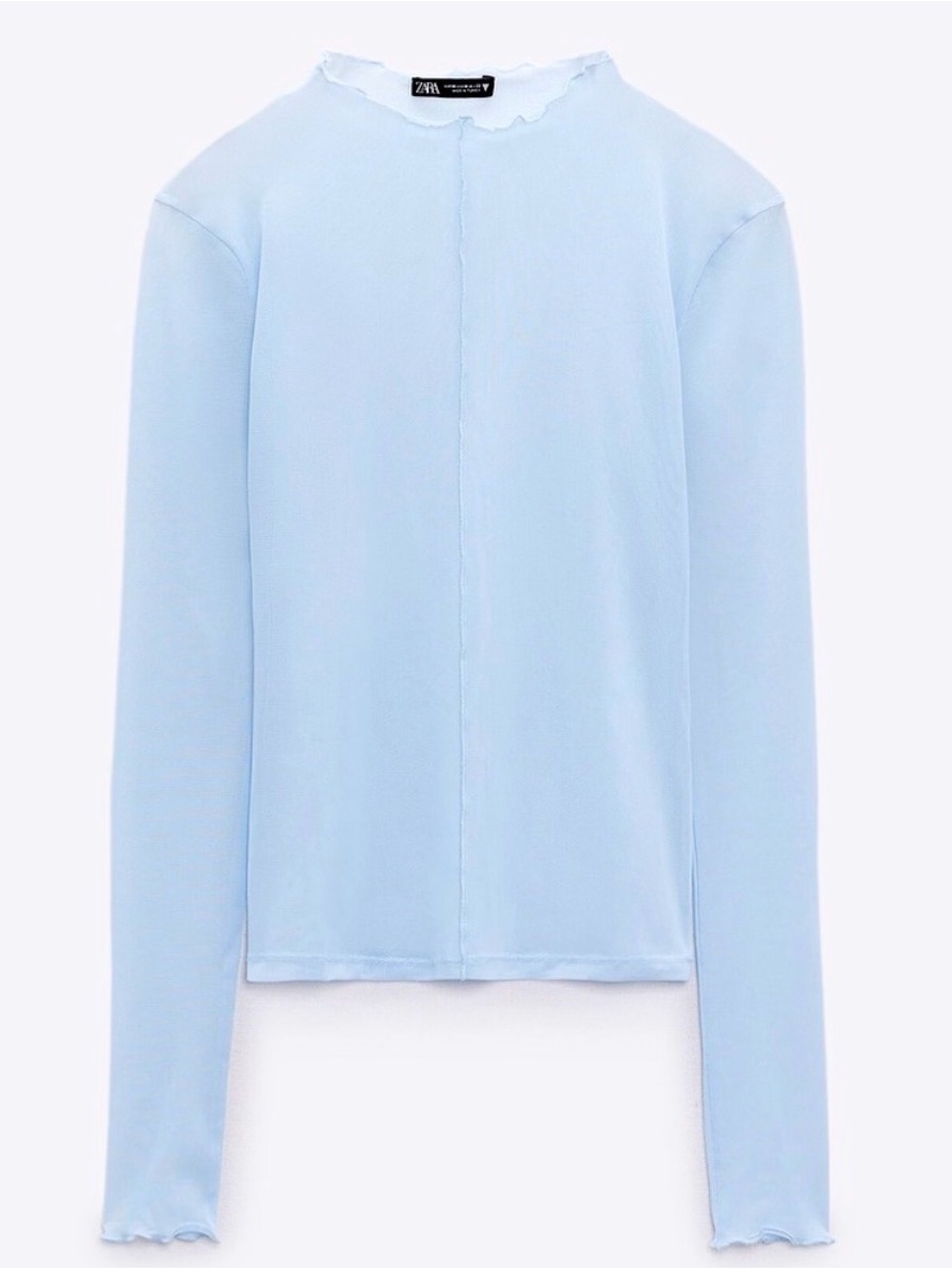 Zara Pale Blue Long Sleeve Ruffle Edge Top